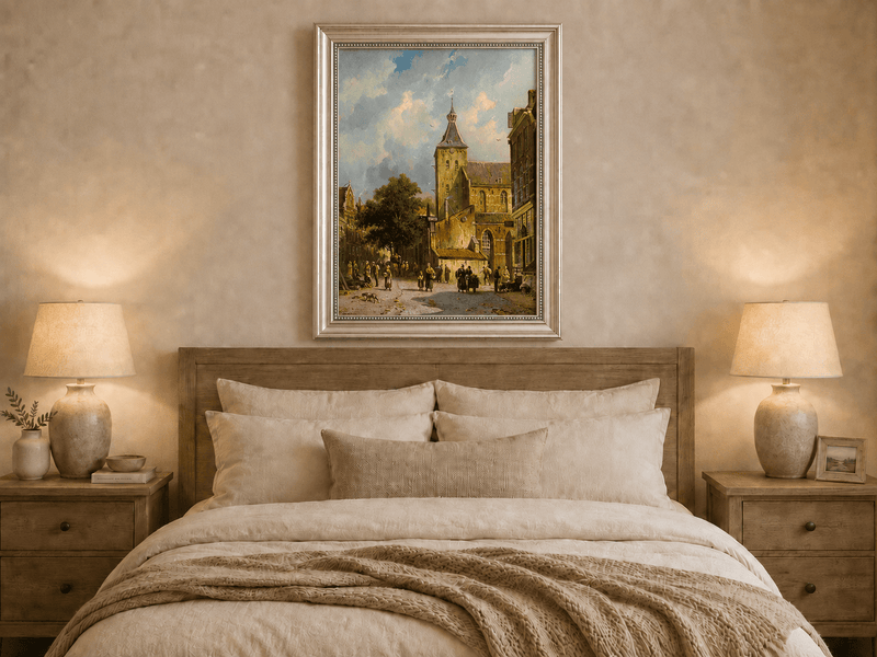 Hand-painted town square with church and figures artwork displayed as decorative wall art.
