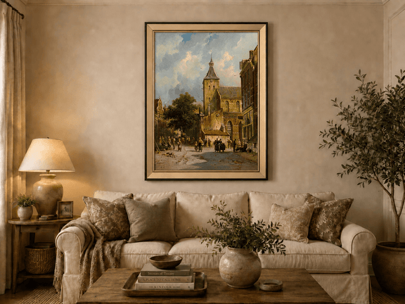 Town square with church and figures landscape oil painting displayed in a styled home interior.