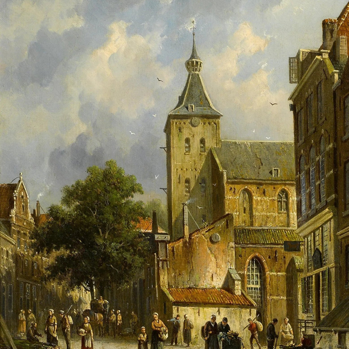 Landscape Oil Painting - Town Square with Church & Figures - Oil Painting Haven