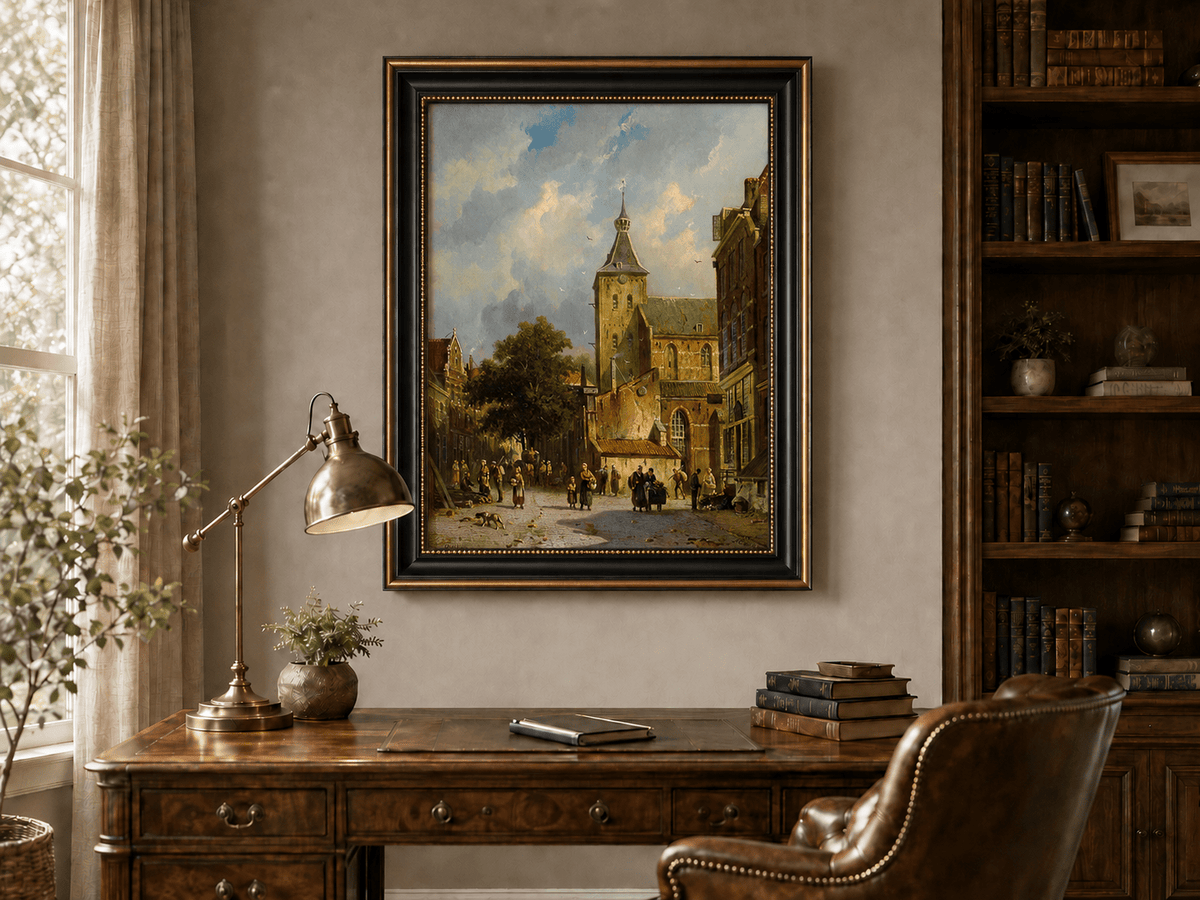 Town square with church and figures landscape oil painting presented in an interior wall art mockup.