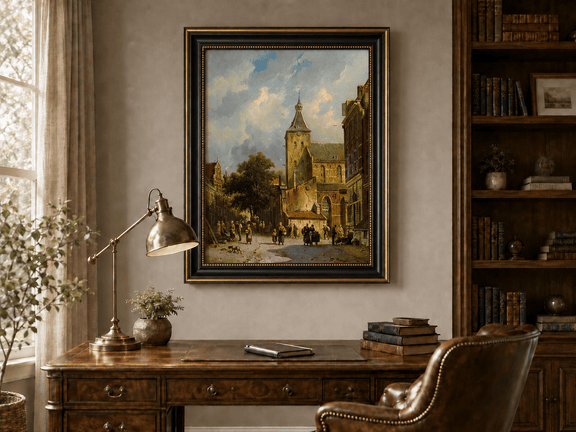 Town square with church and figures landscape oil painting presented in an interior wall art mockup.