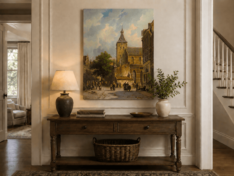 Town square with church and figures landscape painting shown as decorative oil wall art.