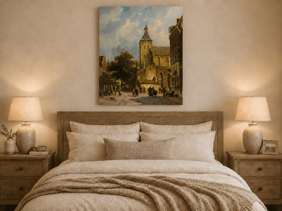 Town square with church and figures oil painting displayed as landscape wall decor.