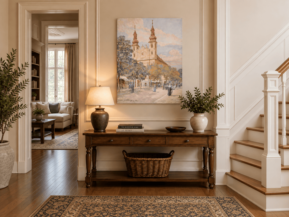 Pintura al óleo de paisaje - Calle del pueblo con iglesia, torres y peatones