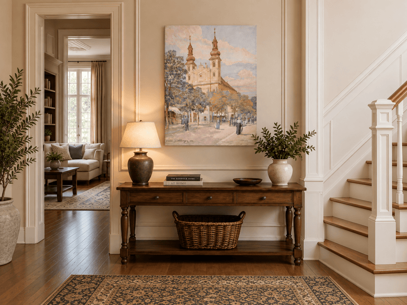 Pintura al óleo de paisaje - Calle del pueblo con iglesia, torres y peatones