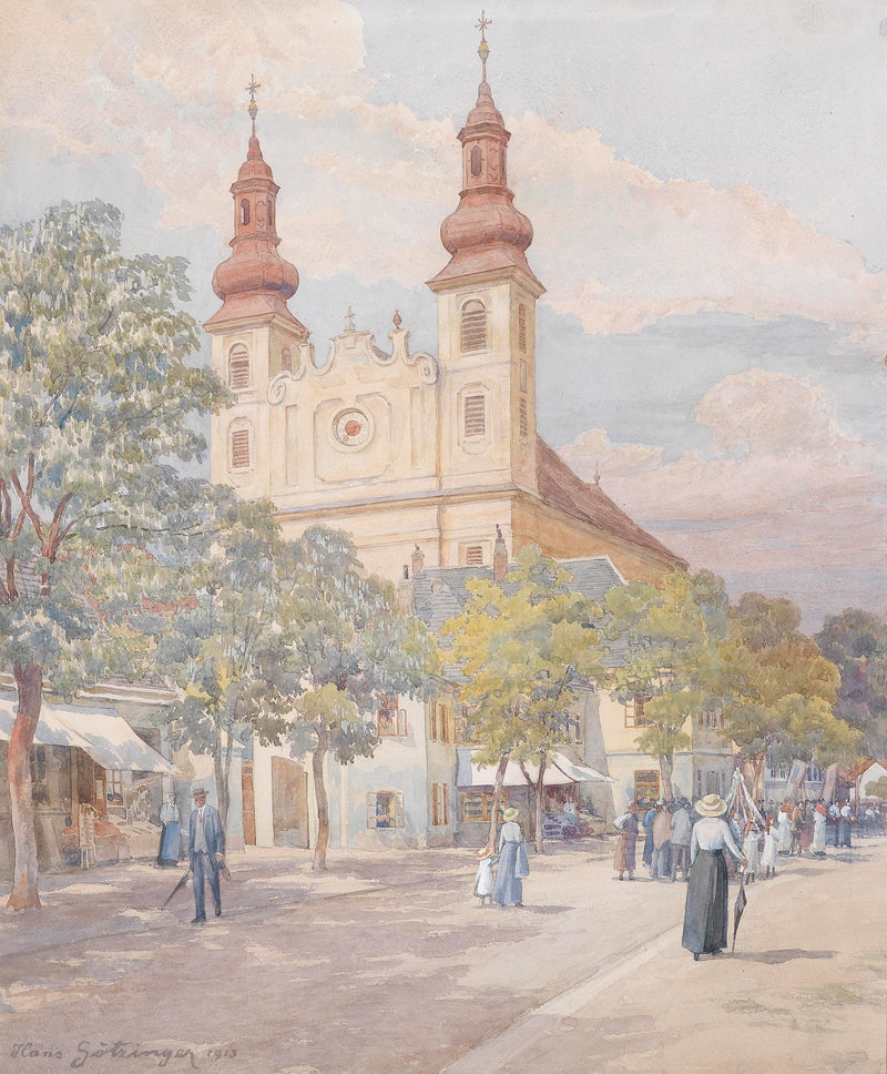 Landscape Oil Painting - Town Street Church, Towers & Pedestrians - Oil Painting Haven