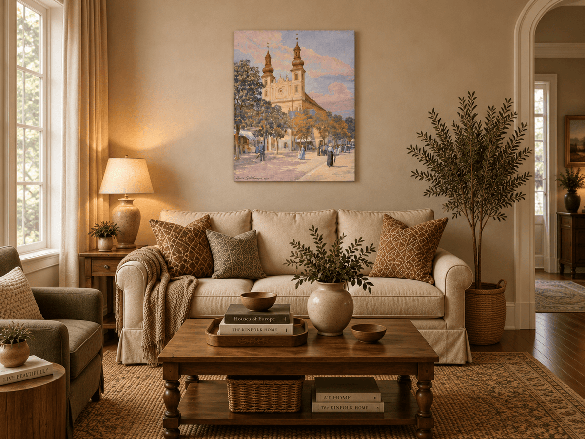 Pintura al óleo de paisaje - Calle del pueblo con iglesia, torres y peatones