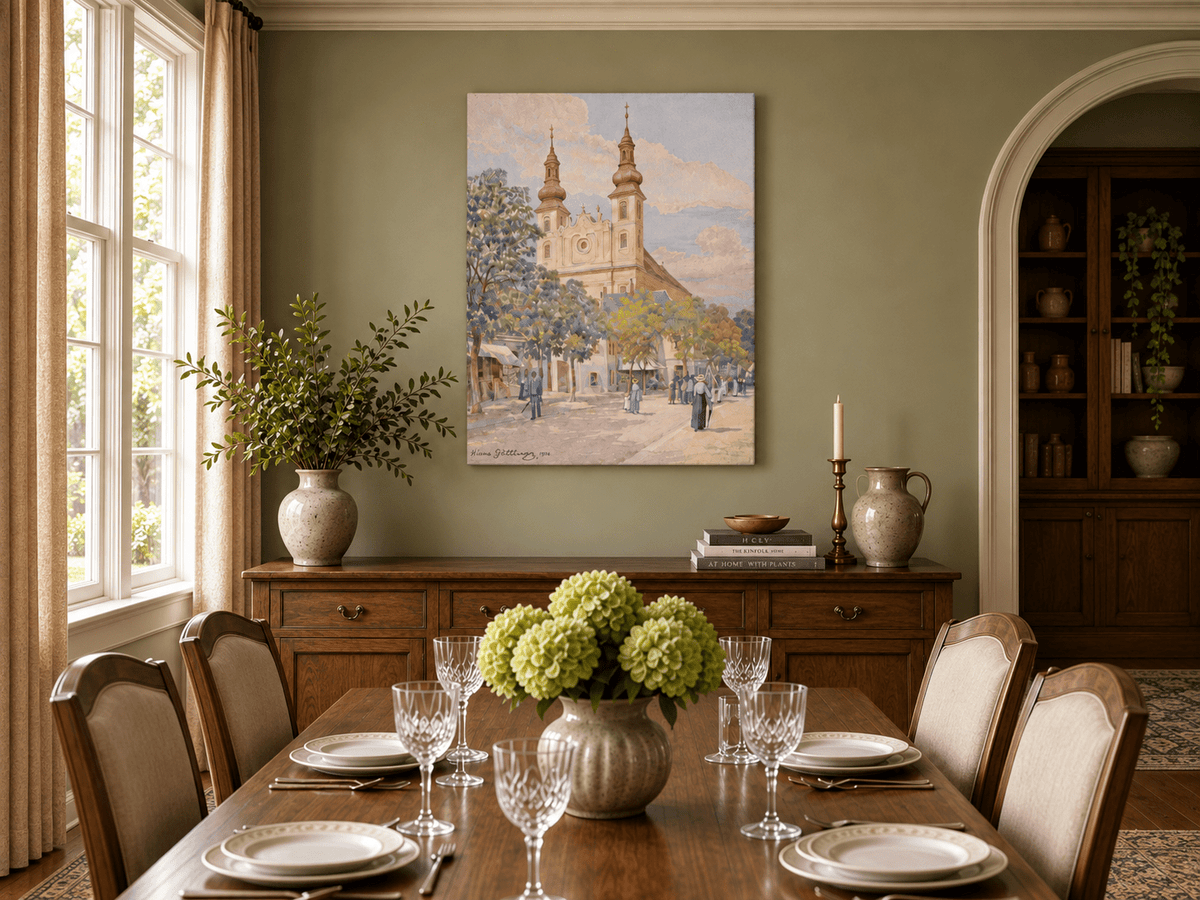 Pintura al óleo de paisaje - Calle del pueblo con iglesia, torres y peatones