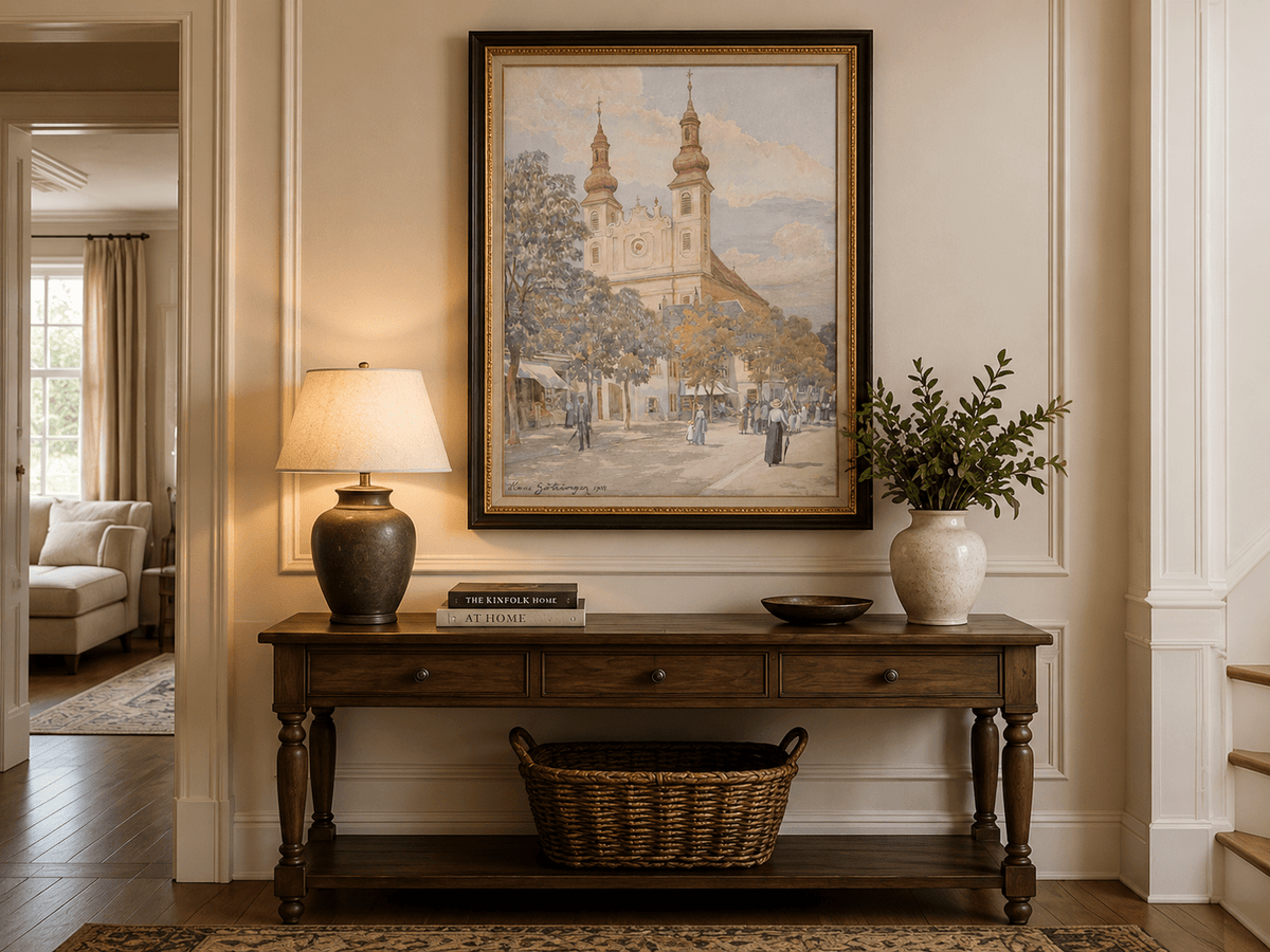 Pintura al óleo de paisaje - Calle del pueblo con iglesia, torres y peatones