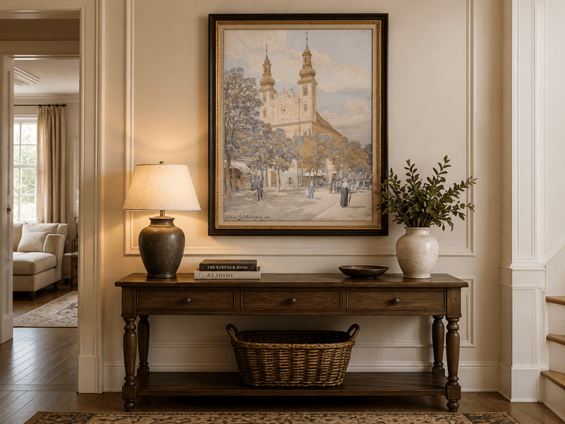 Pintura al óleo de paisaje - Calle del pueblo con iglesia, torres y peatones