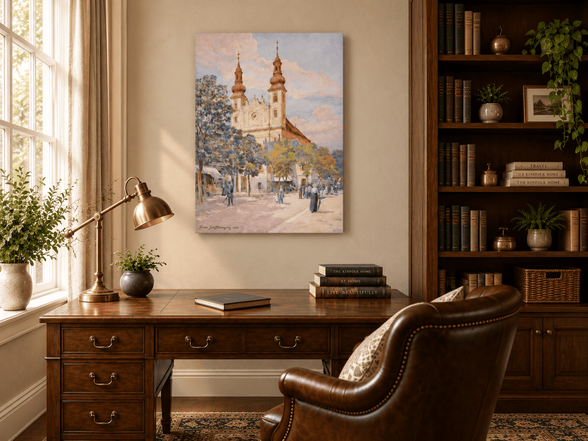 Pintura al óleo de paisaje - Calle del pueblo con iglesia, torres y peatones