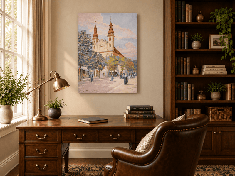 Pintura al óleo de paisaje - Calle del pueblo con iglesia, torres y peatones