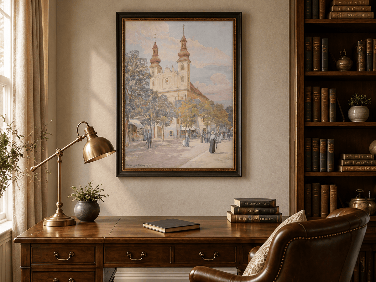Pintura al óleo de paisaje - Calle del pueblo con iglesia, torres y peatones
