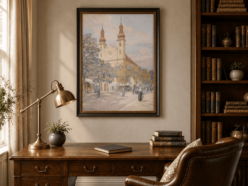 Pintura al óleo de paisaje - Calle del pueblo con iglesia, torres y peatones
