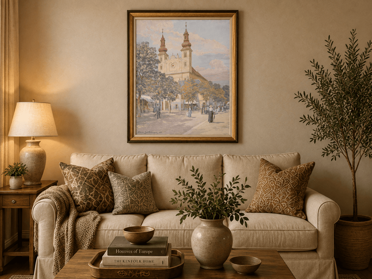 Pintura al óleo de paisaje - Calle del pueblo con iglesia, torres y peatones