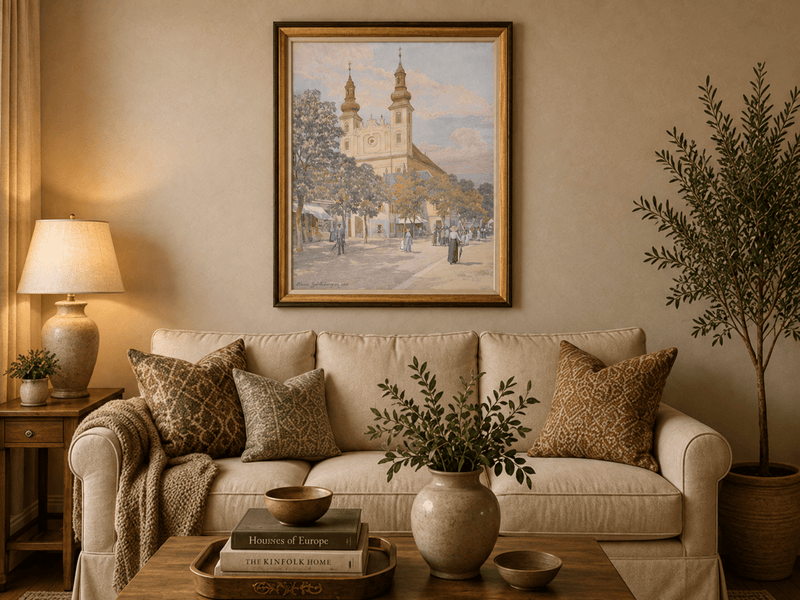 Pintura al óleo de paisaje - Calle del pueblo con iglesia, torres y peatones