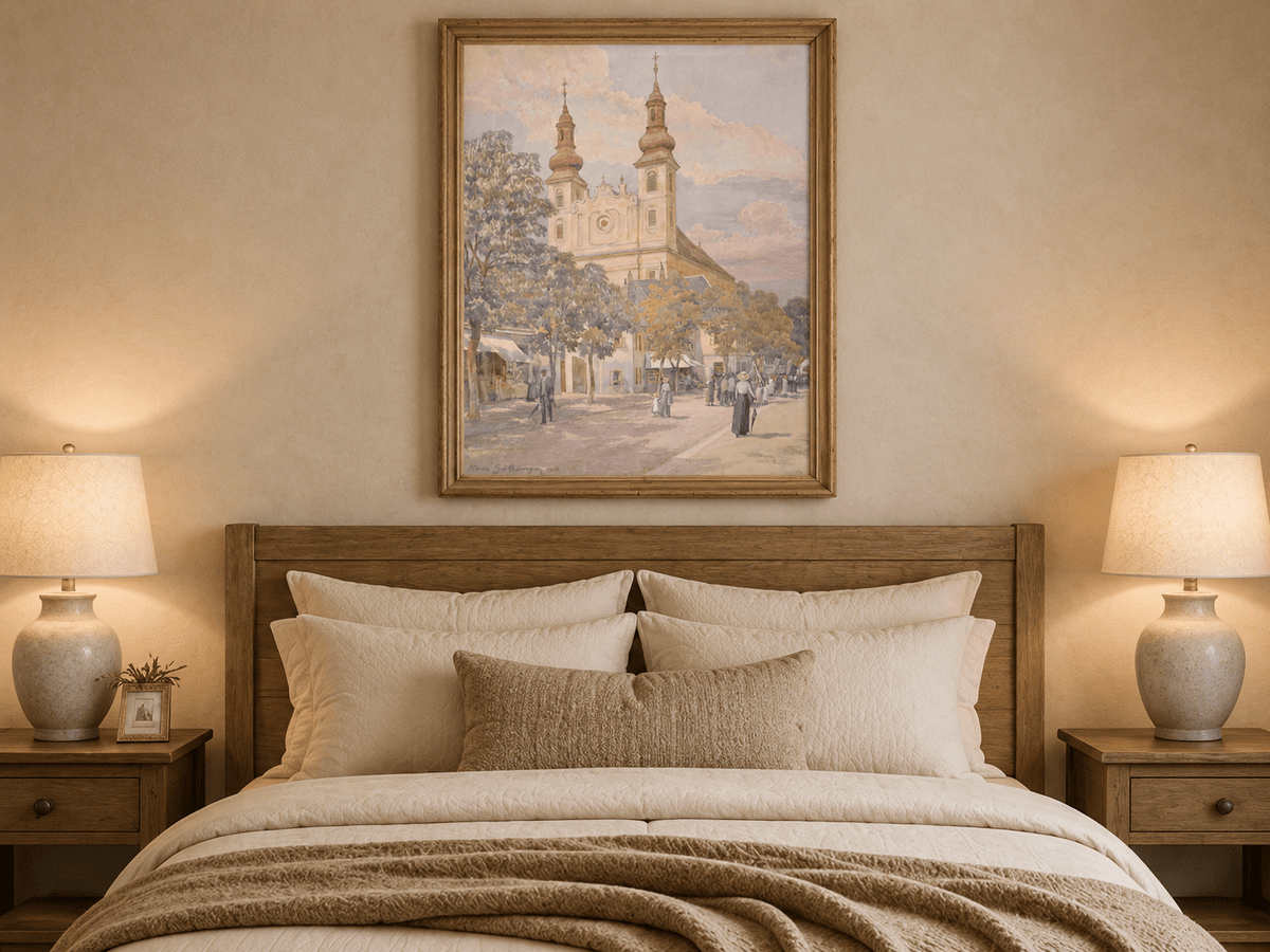 Pintura al óleo de paisaje - Calle del pueblo con iglesia, torres y peatones