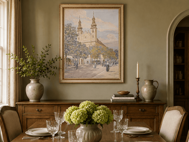 Pintura al óleo de paisaje - Calle del pueblo con iglesia, torres y peatones