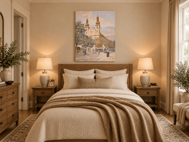 Pintura al óleo de paisaje - Calle del pueblo con iglesia, torres y peatones