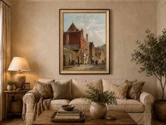 Town street with figures and architecture landscape oil painting displayed in a styled home interior.