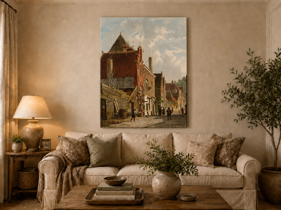 Town street with figures and architecture hand-painted oil artwork displayed in a second interior view.