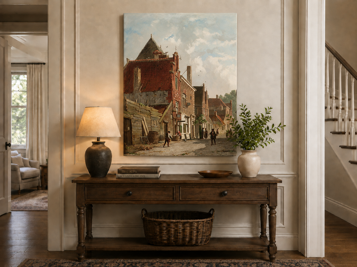 Town street with figures and architecture landscape painting shown as decorative oil wall art.