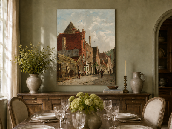 Hand-painted town street with figures and architecture landscape artwork in an interior display.