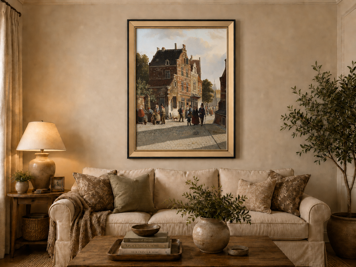 Town street with figures and historic buildings landscape oil painting displayed in a styled home interior.