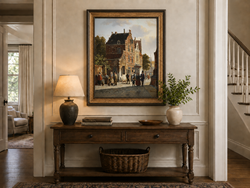 Town street with figures and historic buildings hand-painted oil artwork shown as home wall decor.