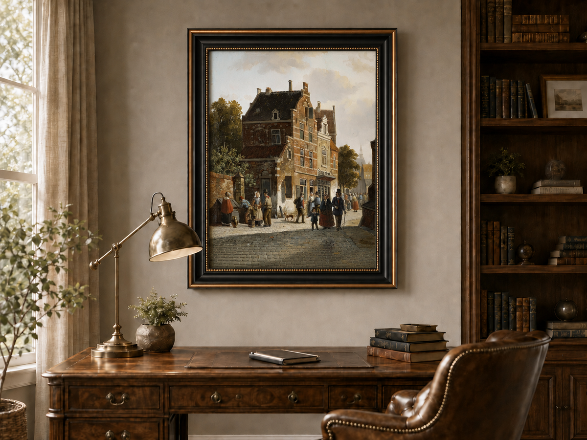 Town street with figures and historic buildings landscape oil painting presented in an interior wall art mockup.