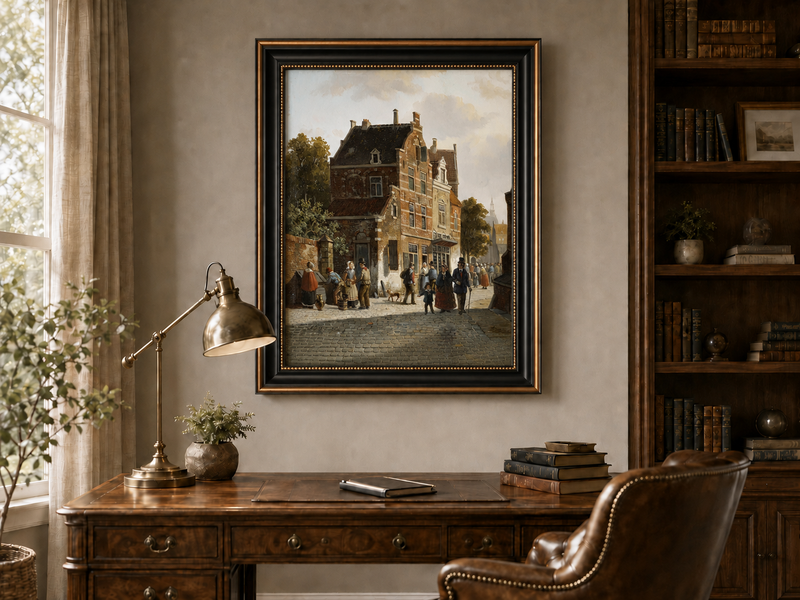 Town street with figures and historic buildings landscape oil painting presented in an interior wall art mockup.