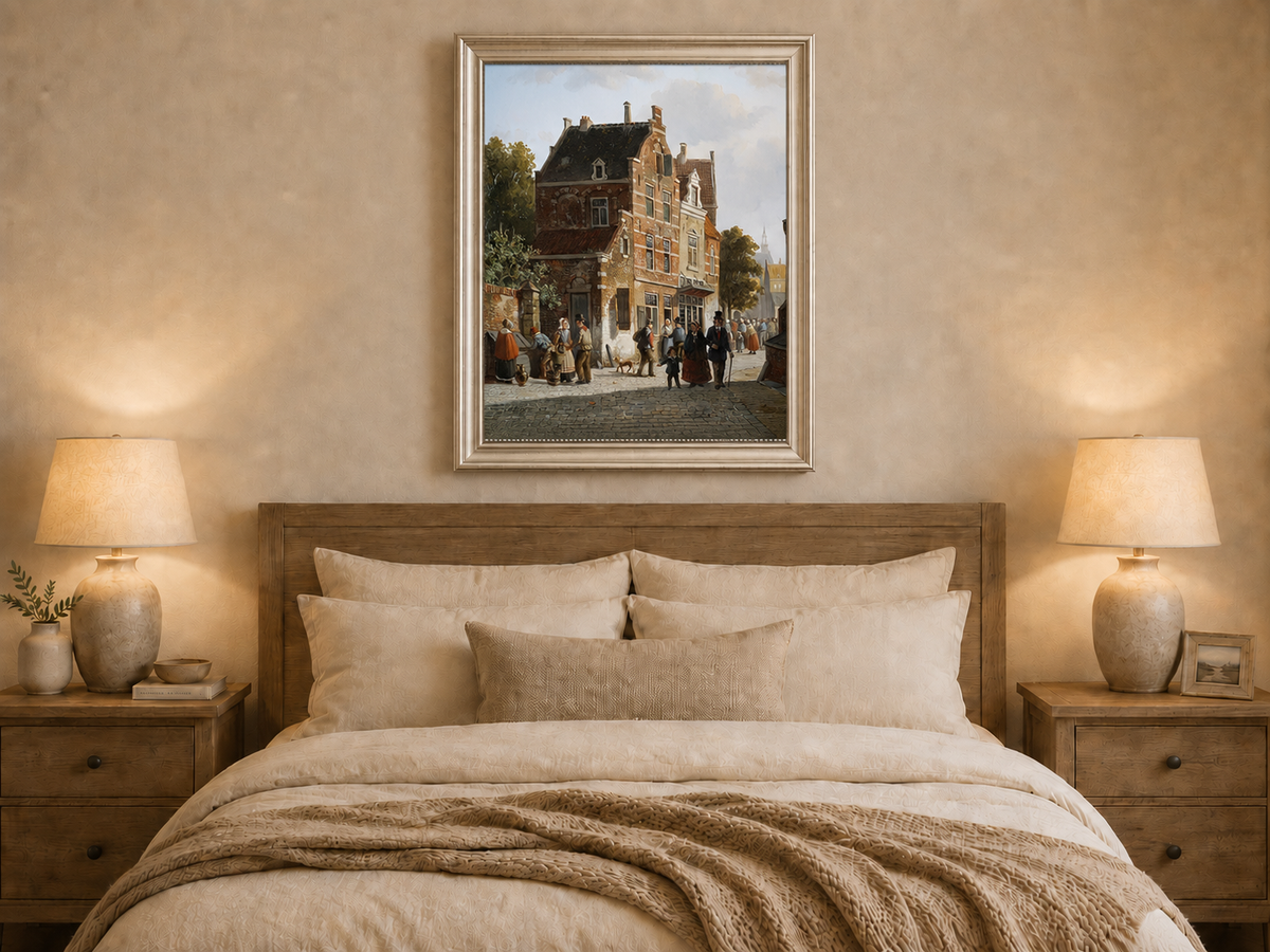 Hand-painted town street with figures and historic buildings artwork displayed as decorative wall art.