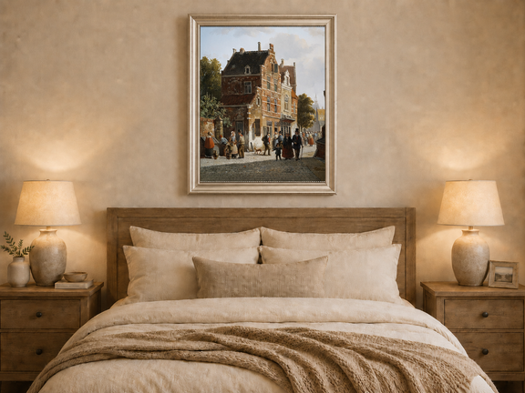 Hand-painted town street with figures and historic buildings artwork displayed as decorative wall art.