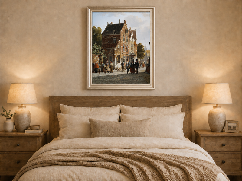 Hand-painted town street with figures and historic buildings artwork displayed as decorative wall art.