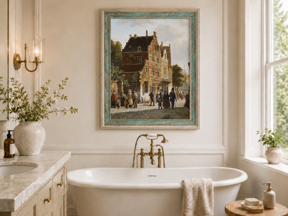 Town street with figures and historic buildings landscape oil painting presented as interior home decor.