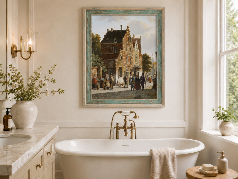Town street with figures and historic buildings landscape oil painting presented as interior home decor.