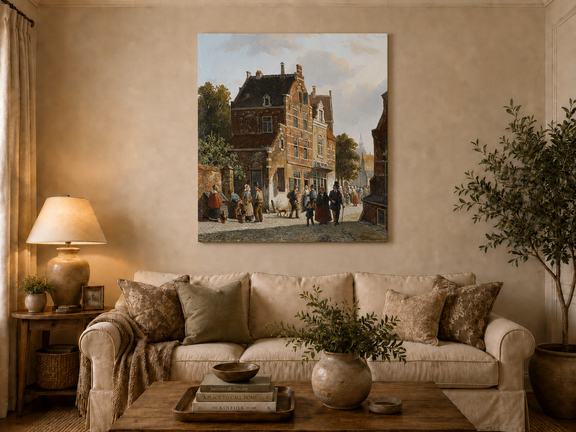 Town street with figures and historic buildings hand-painted oil artwork displayed in a second interior view.