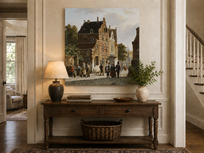 Town street with figures and historic buildings landscape painting shown as decorative oil wall art.