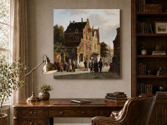 Interior wall art view featuring a town street with figures and historic buildings landscape oil painting.