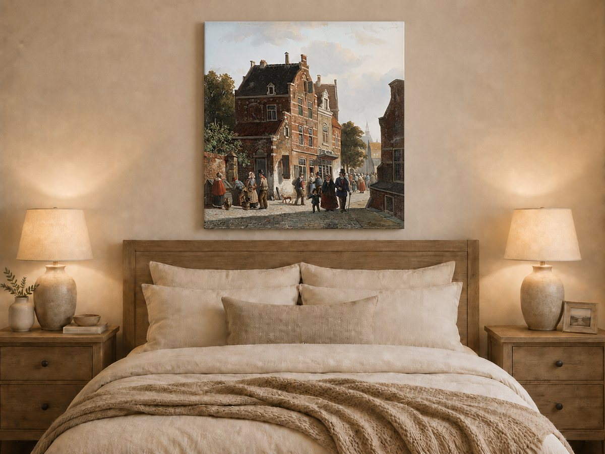 Town street with figures and historic buildings oil painting displayed as landscape wall decor.