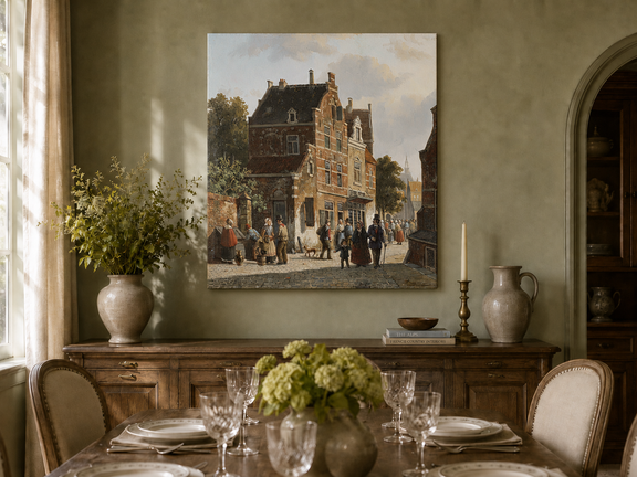 Hand-painted town street with figures and historic buildings landscape artwork in an interior display.