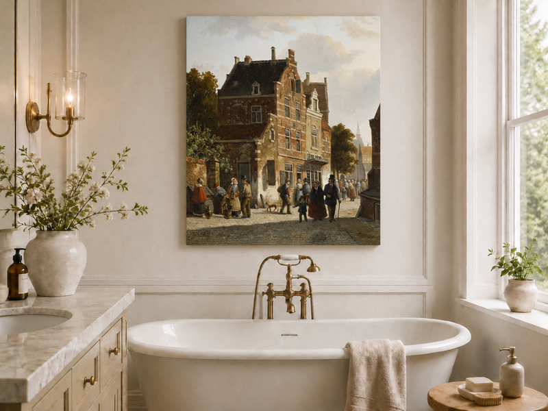 Town street with figures and historic buildings landscape oil painting presented as styled home decor.