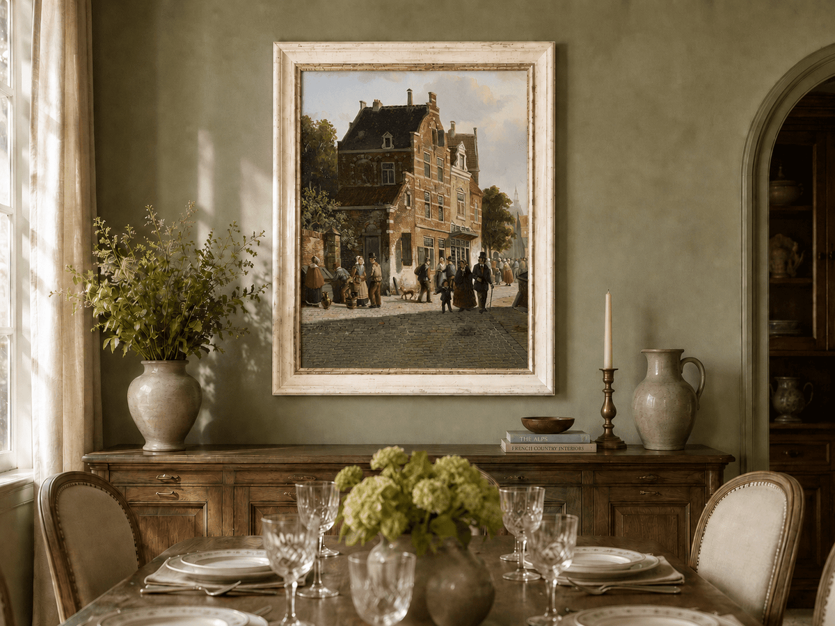 Town street with figures and historic buildings oil landscape artwork shown in a styled home interior.