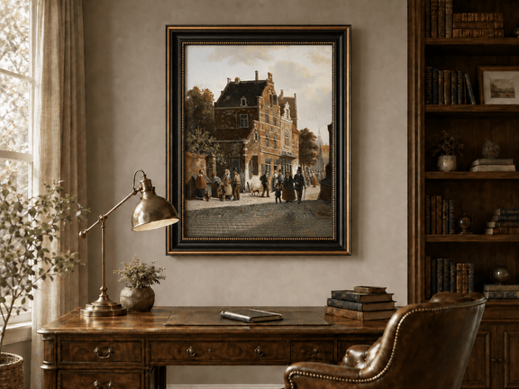 Town street with figures and historic buildings landscape oil painting presented in an interior wall art mockup.