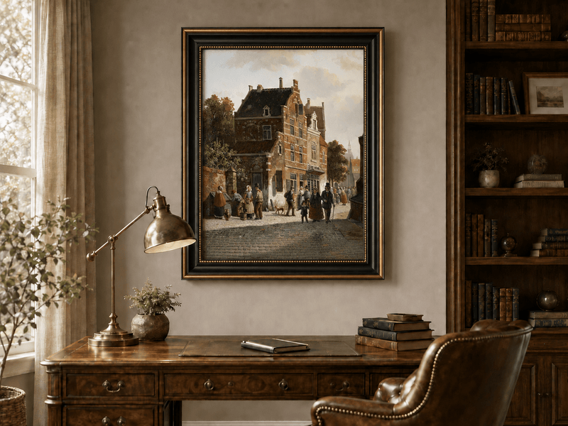 Town street with figures and historic buildings landscape oil painting presented in an interior wall art mockup.