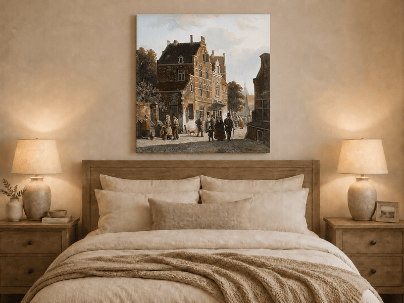 Town street with figures and historic buildings oil painting displayed as landscape wall decor.