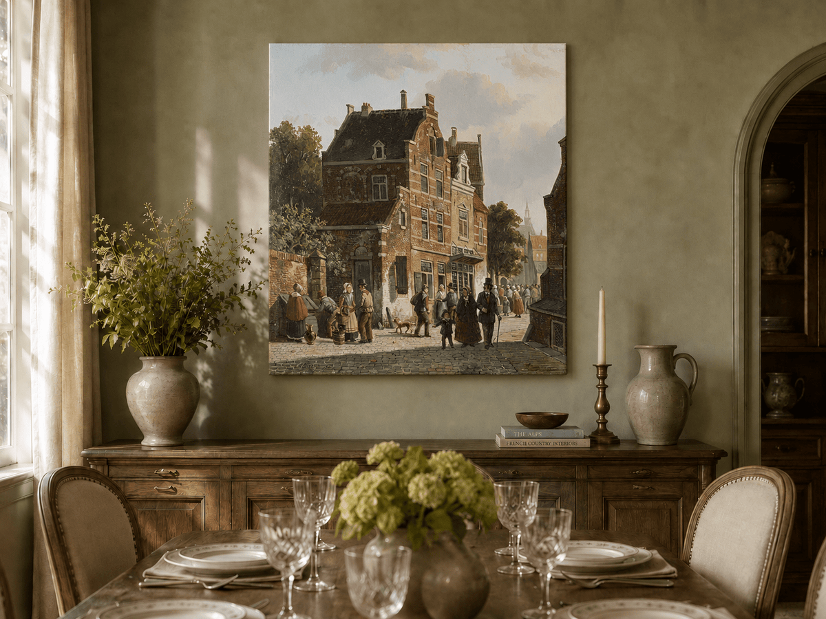 Hand-painted town street with figures and historic buildings landscape artwork in an interior display.