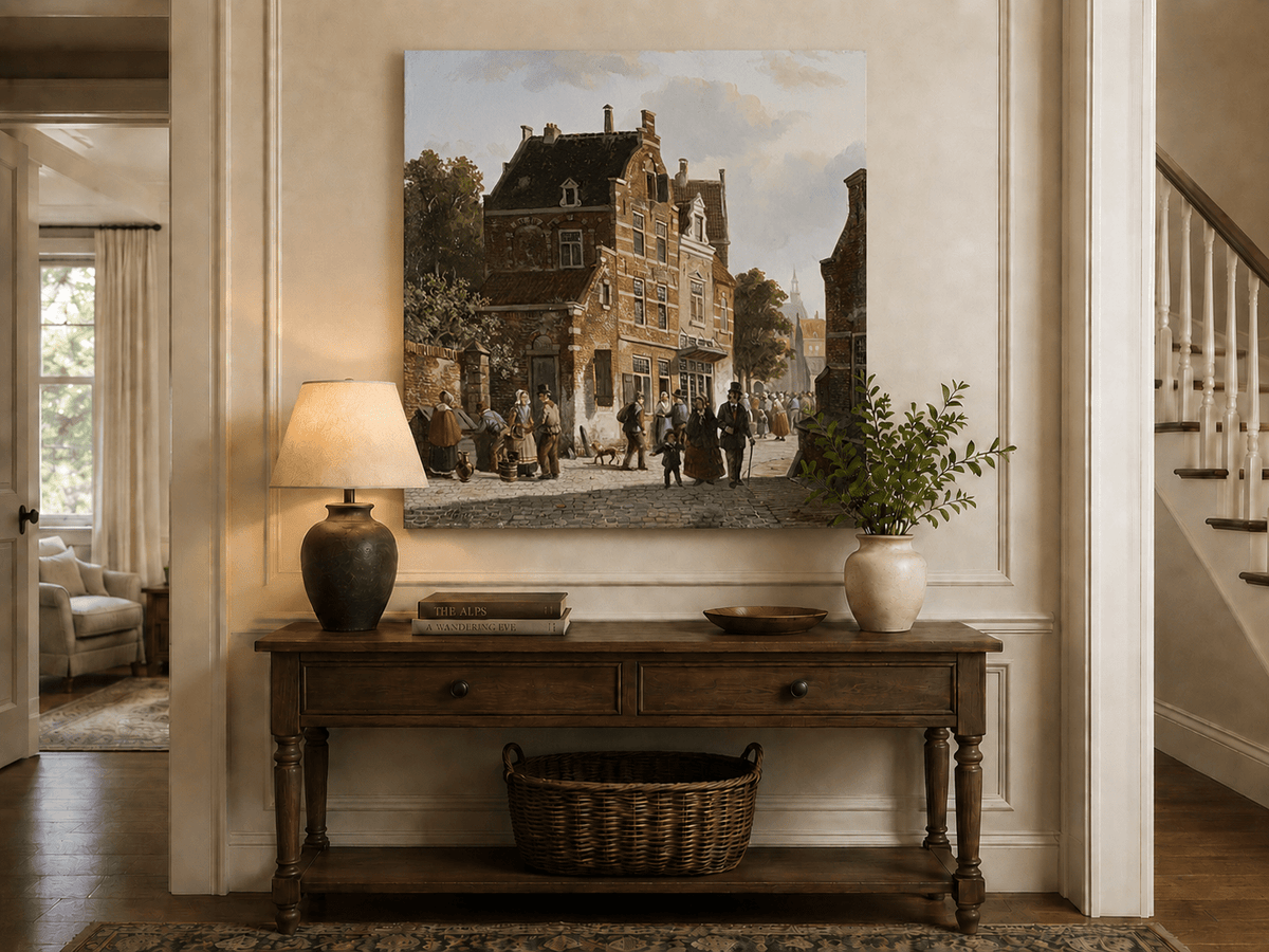 Town street with figures and historic buildings landscape painting shown as decorative oil wall art.
