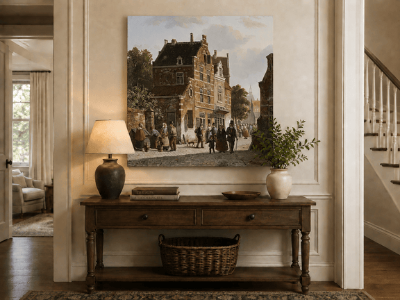 Town street with figures and historic buildings landscape painting shown as decorative oil wall art.