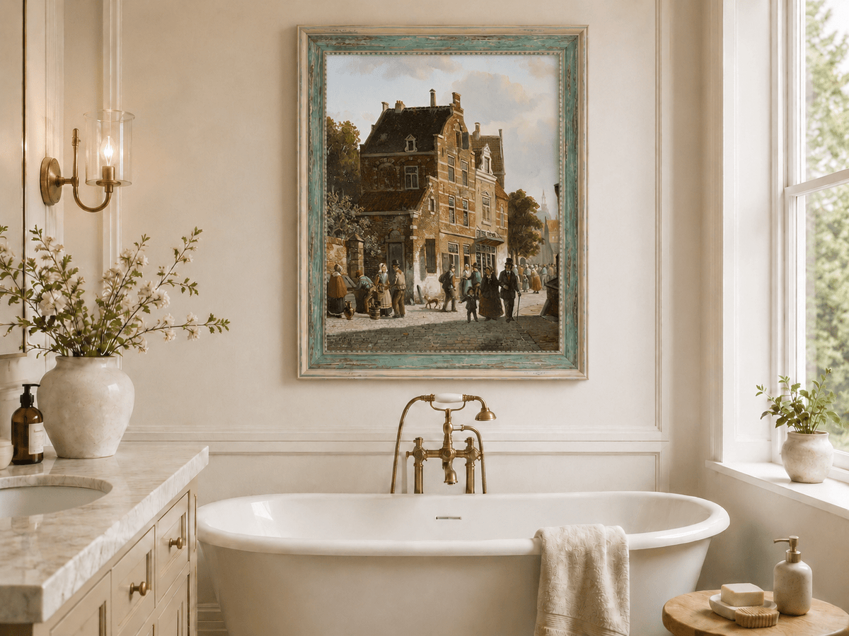 Town street with figures and historic buildings landscape oil painting presented as interior home decor.